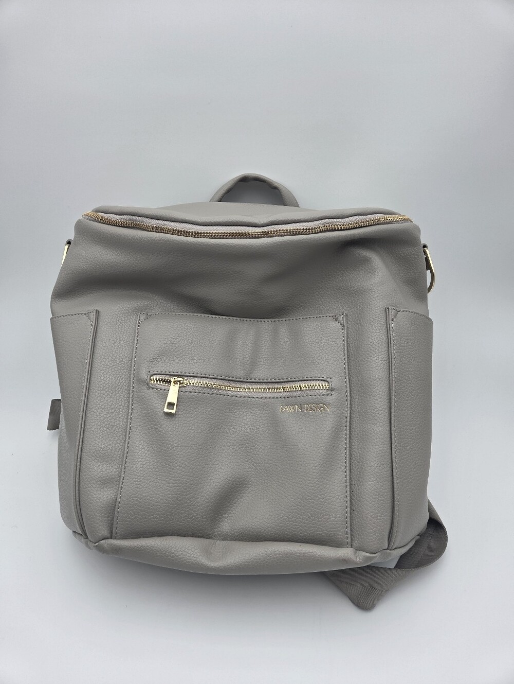 Fawn Taupe/Gray Faux Leather Large Diaper Bag Backpack With Gold Hardware